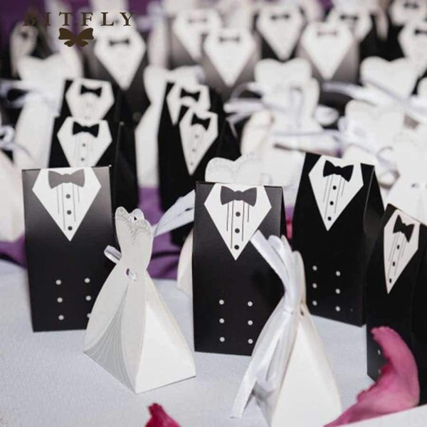 Planet Gates 50Pcs Bridal Gift Cases Groom Tuxedo Dress Gown Ribbon Wedding Candy Gift Box Kraft Wedding Favors and Gifts Bag Party Supplies