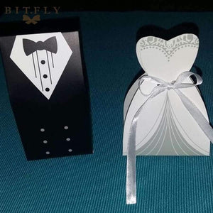 Planet Gates 50Pcs Bridal Gift Cases Groom Tuxedo Dress Gown Ribbon Wedding Candy Gift Box Kraft Wedding Favors and Gifts Bag Party Supplies