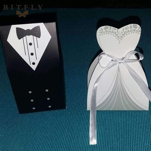 Planet Gates 50Pcs Bridal Gift Cases Groom Tuxedo Dress Gown Ribbon Wedding Candy Gift Box Kraft Wedding Favors and Gifts Bag Party Supplies