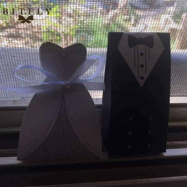 Planet Gates 50Pcs Bridal Gift Cases Groom Tuxedo Dress Gown Ribbon Wedding Candy Gift Box Kraft Wedding Favors and Gifts Bag Party Supplies
