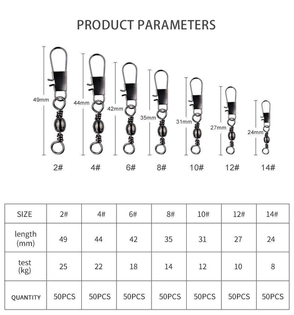 Planet Gates 50Pcs/Lot Fishing Connector Pin Bearing Rolling Swivel Stainless Steel with Snap Fishhook Lure Tackle Accessories