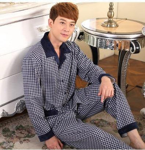 Planet Gates 535 Blue Cotton Men / M Long Sleeve Sleepwear Cotton Plaid Cardigan Pyjamas Men Lounge Pajama Sets Plus size 4XL Sleep