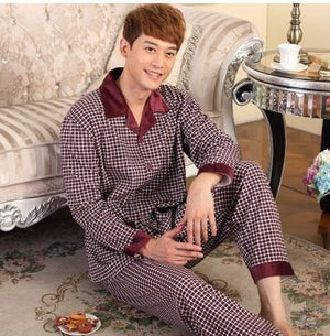 Planet Gates 535 Red Cotton Men / M Long Sleeve Sleepwear Cotton Plaid Cardigan Pyjamas Men Lounge Pajama Sets Plus size 4XL Sleep