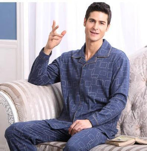 Planet Gates 5704 Blue / M Long Sleeve Sleepwear Cotton Plaid Cardigan Pyjamas Men Lounge Pajama Sets Plus size 4XL Sleep