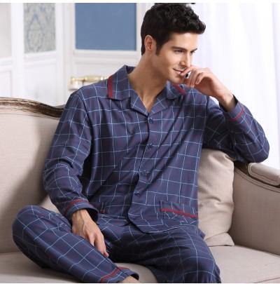 Planet Gates 5705 Blue / M Long Sleeve Sleepwear Cotton Plaid Cardigan Pyjamas Men Lounge Pajama Sets Plus size 4XL Sleep