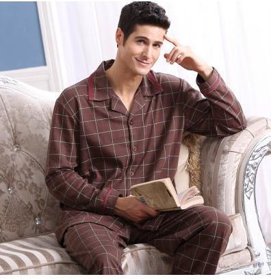 Planet Gates 5705 coffee / M Long Sleeve Sleepwear Cotton Plaid Cardigan Pyjamas Men Lounge Pajama Sets Plus size 4XL Sleep