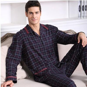 Planet Gates 5705 Navy blue / M Long Sleeve Sleepwear Cotton Plaid Cardigan Pyjamas Men Lounge Pajama Sets Plus size 4XL Sleep