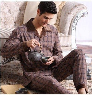 Planet Gates 5708 coffee / M Long Sleeve Sleepwear Cotton Plaid Cardigan Pyjamas Men Lounge Pajama Sets Plus size 4XL Sleep