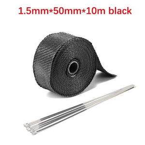 Planet Gates 5cm 10m Black Roll Fiberglass Heat Shield Motorcycle Car Exhaust Thermal Tape Header Pipe Heat Wrap Tape Thermal Protection with StainlessTies