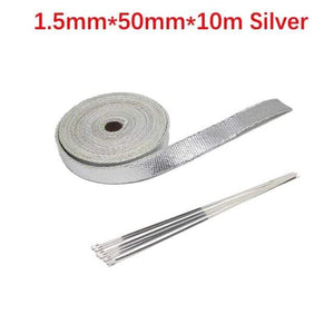 Planet Gates 5cm 10m Silver Roll Fiberglass Heat Shield Motorcycle Car Exhaust Thermal Tape Header Pipe Heat Wrap Tape Thermal Protection with StainlessTies