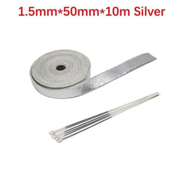 Planet Gates 5cm 10m Silver Roll Fiberglass Heat Shield Motorcycle Car Exhaust Thermal Tape Header Pipe Heat Wrap Tape Thermal Protection with StainlessTies