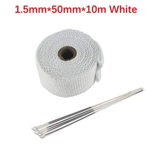 Planet Gates 5cm 10m White Roll Fiberglass Heat Shield Motorcycle Car Exhaust Thermal Tape Header Pipe Heat Wrap Tape Thermal Protection with StainlessTies