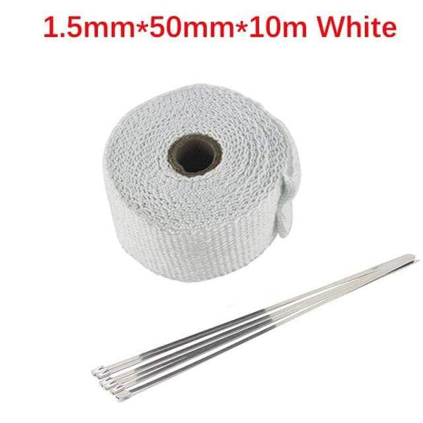 Planet Gates 5cm 10m White Roll Fiberglass Heat Shield Motorcycle Car Exhaust Thermal Tape Header Pipe Heat Wrap Tape Thermal Protection with StainlessTies