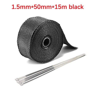 Planet Gates 5cm 15m Black Roll Fiberglass Heat Shield Motorcycle Car Exhaust Thermal Tape Header Pipe Heat Wrap Tape Thermal Protection with StainlessTies
