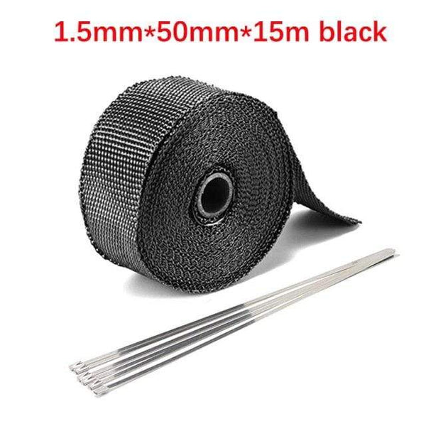 Planet Gates 5cm 15m Black Roll Fiberglass Heat Shield Motorcycle Car Exhaust Thermal Tape Header Pipe Heat Wrap Tape Thermal Protection with StainlessTies