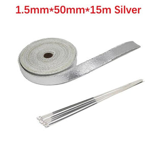 Planet Gates 5cm 15m Silver Roll Fiberglass Heat Shield Motorcycle Car Exhaust Thermal Tape Header Pipe Heat Wrap Tape Thermal Protection with StainlessTies