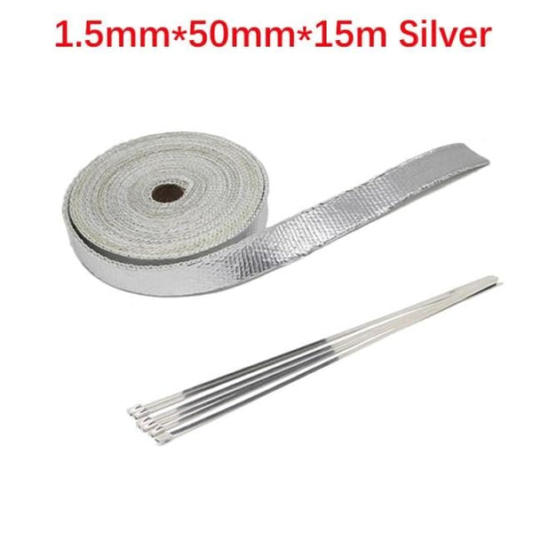 Planet Gates 5cm 15m Silver Roll Fiberglass Heat Shield Motorcycle Car Exhaust Thermal Tape Header Pipe Heat Wrap Tape Thermal Protection with StainlessTies