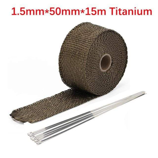 Planet Gates 5cm 15m Titanium Roll Fiberglass Heat Shield Motorcycle Car Exhaust Thermal Tape Header Pipe Heat Wrap Tape Thermal Protection with StainlessTies