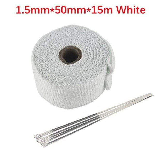 Planet Gates 5cm 15m White Roll Fiberglass Heat Shield Motorcycle Car Exhaust Thermal Tape Header Pipe Heat Wrap Tape Thermal Protection with StainlessTies