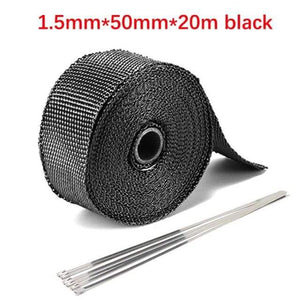 Planet Gates 5cm 20m Black Roll Fiberglass Heat Shield Motorcycle Car Exhaust Thermal Tape Header Pipe Heat Wrap Tape Thermal Protection with StainlessTies