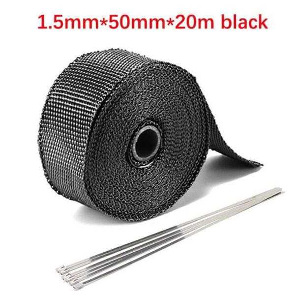 Planet Gates 5cm 20m Black Roll Fiberglass Heat Shield Motorcycle Car Exhaust Thermal Tape Header Pipe Heat Wrap Tape Thermal Protection with StainlessTies