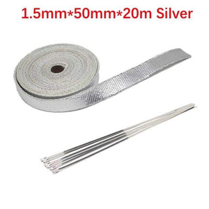 Planet Gates 5cm 20m Silver Roll Fiberglass Heat Shield Motorcycle Car Exhaust Thermal Tape Header Pipe Heat Wrap Tape Thermal Protection with StainlessTies