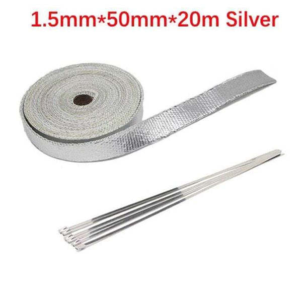 Planet Gates 5cm 20m Silver Roll Fiberglass Heat Shield Motorcycle Car Exhaust Thermal Tape Header Pipe Heat Wrap Tape Thermal Protection with StainlessTies
