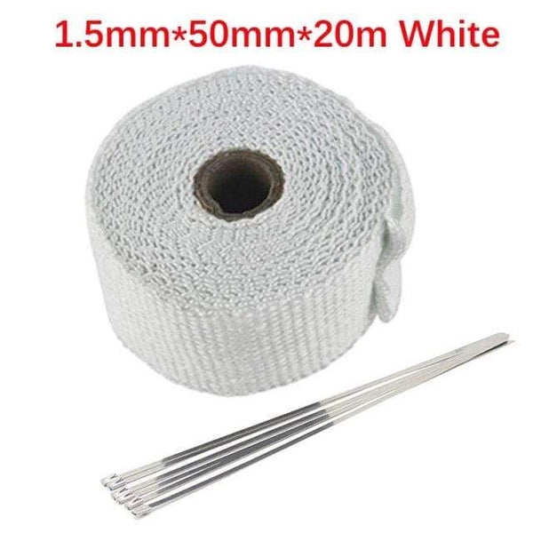 Planet Gates 5cm 20m White Roll Fiberglass Heat Shield Motorcycle Car Exhaust Thermal Tape Header Pipe Heat Wrap Tape Thermal Protection with StainlessTies