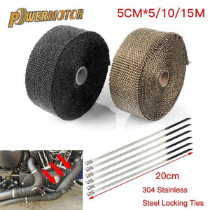 Planet Gates 5cm*5M/10M/15M Motorcycle Exhaust Heat Shield Thermal Exhaust Tape Fiberglass Heat Wrap Pipe Heat Insulation with Stainless Ties