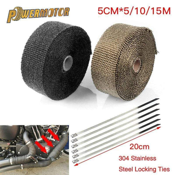 Planet Gates 5cm*5M/10M/15M Motorcycle Exhaust Heat Shield Thermal Exhaust Tape Fiberglass Heat Wrap Pipe Heat Insulation with Stainless Ties