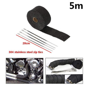 Planet Gates 5cm*5M 10M 15M Titanium/Black Exhaust Heat Wrap Roll for Motorcycle Fiberglass Heat Shield Tape with Stainless Ties