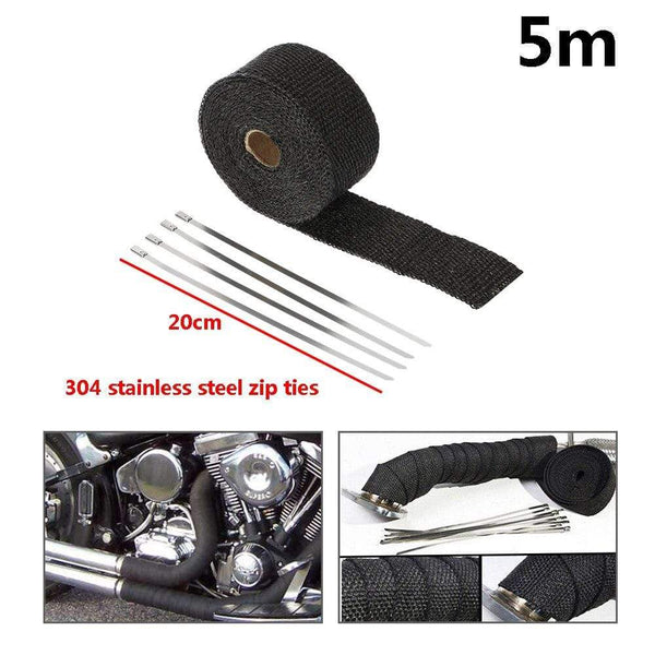 Planet Gates 5cm*5M 10M 15M Titanium/Black Exhaust Heat Wrap Roll for Motorcycle Fiberglass Heat Shield Tape with Stainless Ties