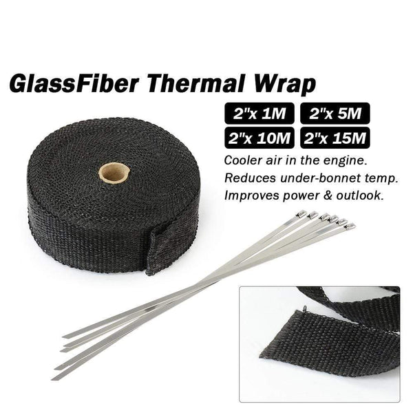 Planet Gates 5cm*5M 10M 15M Titanium/Black Exhaust Heat Wrap Roll for Motorcycle Fiberglass Heat Shield Tape with Stainless Ties