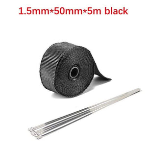 Planet Gates 5cm 5m Black Roll Fiberglass Heat Shield Motorcycle Car Exhaust Thermal Tape Header Pipe Heat Wrap Tape Thermal Protection with StainlessTies