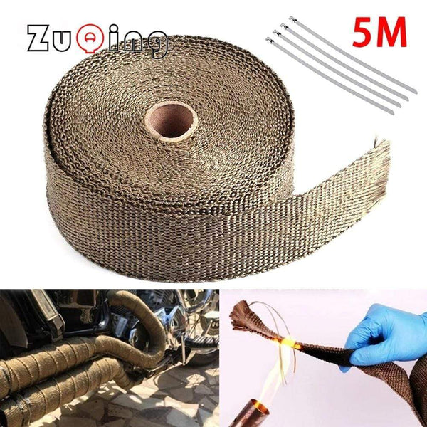 Planet Gates 5cm*5M Motorcycle Exhaust Heat Wrap Thermal Tape Fiberglass Heat Wrap Manifold Insulation Roll Resistant with Stainless Ties
