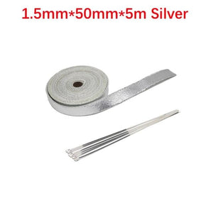 Planet Gates 5cm 5m Silver Roll Fiberglass Heat Shield Motorcycle Car Exhaust Thermal Tape Header Pipe Heat Wrap Tape Thermal Protection with StainlessTies