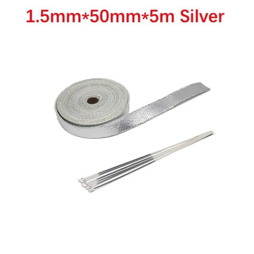 Planet Gates 5cm 5m Silver Roll Fiberglass Heat Shield Motorcycle Car Exhaust Thermal Tape Header Pipe Heat Wrap Tape Thermal Protection with StainlessTies
