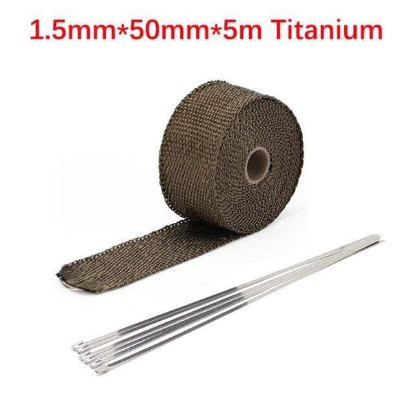 Planet Gates 5cm 5m Titanium Roll Fiberglass Heat Shield Motorcycle Car Exhaust Thermal Tape Header Pipe Heat Wrap Tape Thermal Protection with StainlessTies
