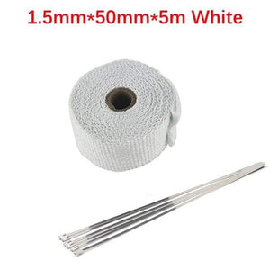 Planet Gates 5cm  5m White Roll Fiberglass Heat Shield Motorcycle Car Exhaust Thermal Tape Header Pipe Heat Wrap Tape Thermal Protection with StainlessTies