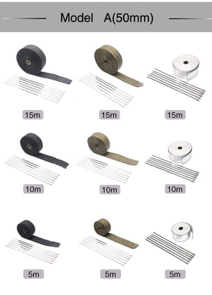 Planet Gates 5M/10M/15M Thermal Exhaust Header Pipe Tape Heat Insulating Wrap Tape Fireproof Cloth Roll With Durable Steel Ties Kit