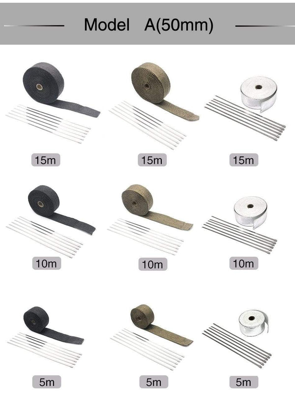 Planet Gates 5M/10M/15M Thermal Exhaust Header Pipe Tape Heat Insulating Wrap Tape Fireproof Cloth Roll With Durable Steel Ties Kit