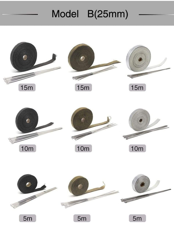 Planet Gates 5M/10M/15M Thermal Exhaust Header Pipe Tape Heat Insulating Wrap Tape Fireproof Cloth Roll With Durable Steel Ties Kit