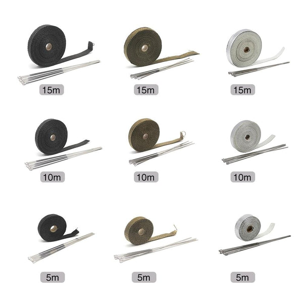 Planet Gates 5M/10M/15M Thermal Exhaust Header Pipe Tape Heat Insulating Wrap Tape Fireproof Cloth Roll With Durable Steel Ties Kit