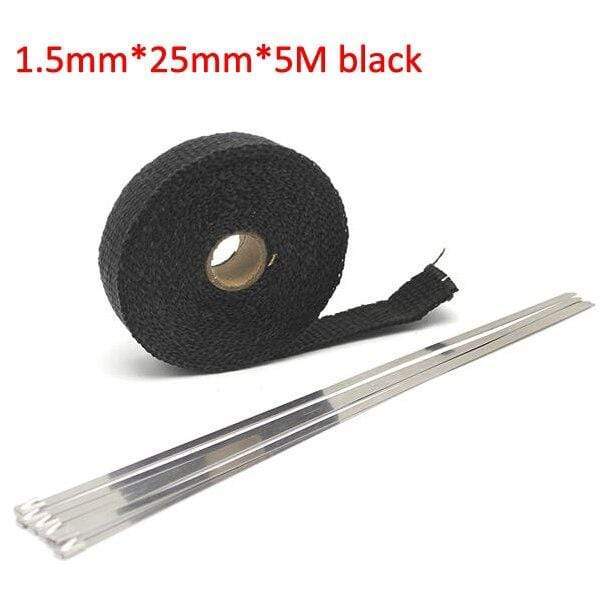 Planet Gates 5M black Alconstar- 5M/10M/15M Motorcycle Exhaust Thermal Tape Header Heat Wrap Manifold Insulation Roll Resistant with Stainless Ties