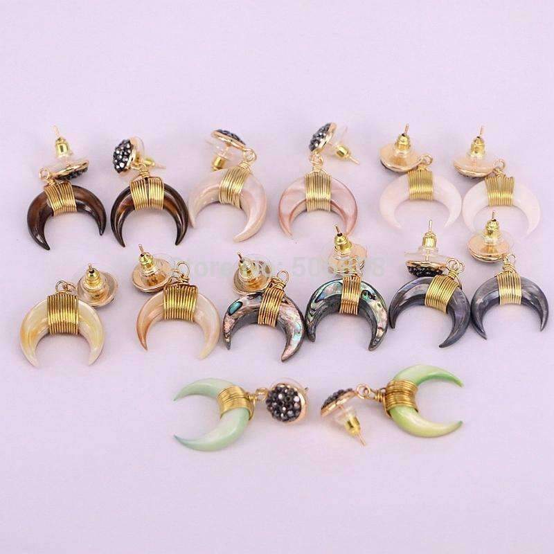 Planet Gates 5Pairs Zyunz Jewelry Gold Wire Wrapped Nature Shell Crescent Moon Earrings, Small Double Horn Dangle Earring For Women