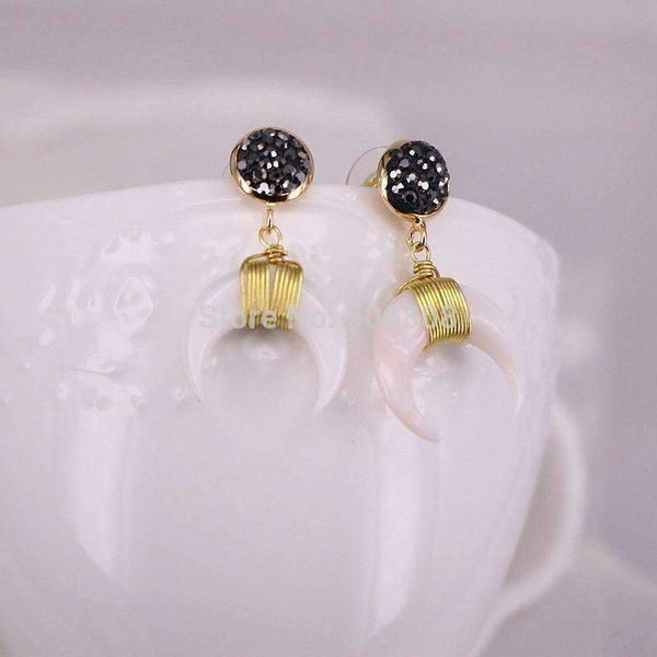 Planet Gates 5Pairs Zyunz Jewelry Gold Wire Wrapped Nature Shell Crescent Moon Earrings, Small Double Horn Dangle Earring For Women