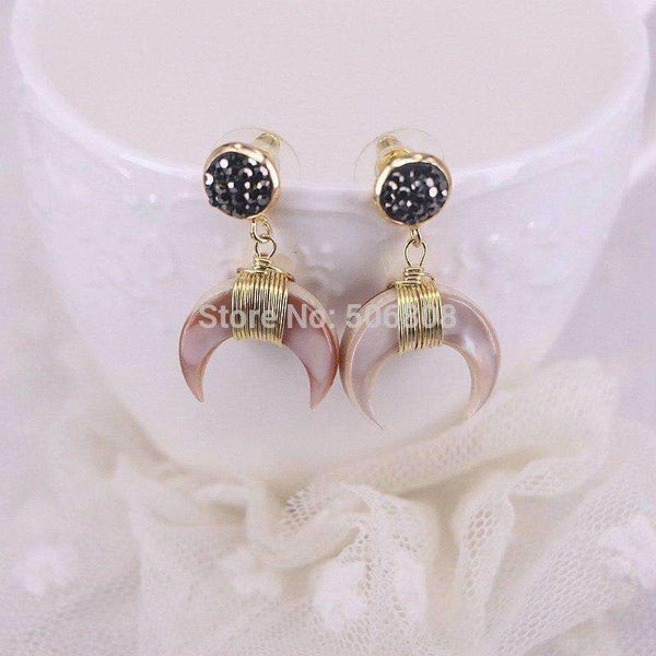 Planet Gates 5Pairs Zyunz Jewelry Gold Wire Wrapped Nature Shell Crescent Moon Earrings, Small Double Horn Dangle Earring For Women
