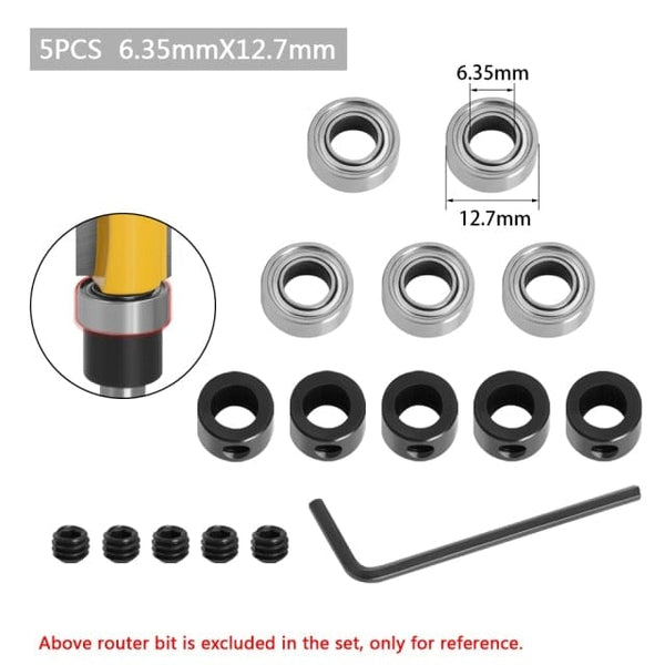 Planet Gates 5pcs 6.35x12.7mm Durable Steel Bearings Accessories Kit Fits for Router bits Heads and Shank Top Mounted 1/2, 3/8, 3/4 Bearing &amp; Stop Ring