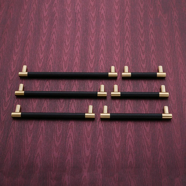 5PCS Cabinet Handles Solid Brass Cupboard Wardrobe Pulls Black/Brown Leather Hardware Drawer Door Handles Home Furniture Decor