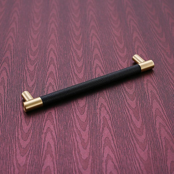 5PCS Cabinet Handles Solid Brass Cupboard Wardrobe Pulls Black/Brown Leather Hardware Drawer Door Handles Home Furniture Decor